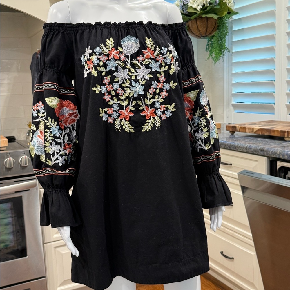 Free People 100% Cotton Embroidered Off-Shoulder Hippie Chic Dress XS Bohemian